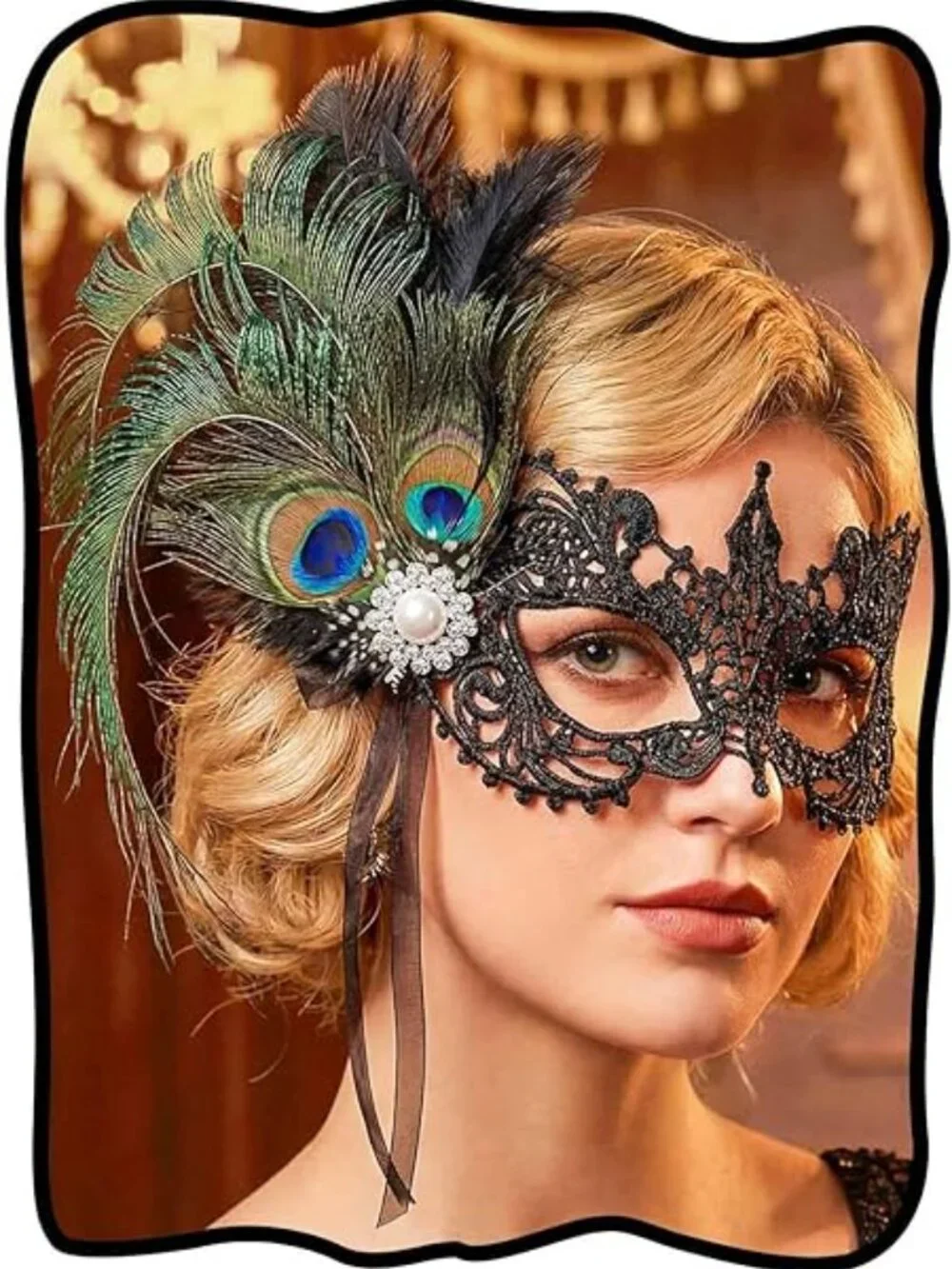 1920s Black Feather Flapper Fascinator Headpiece with Lace Masquerade Mask